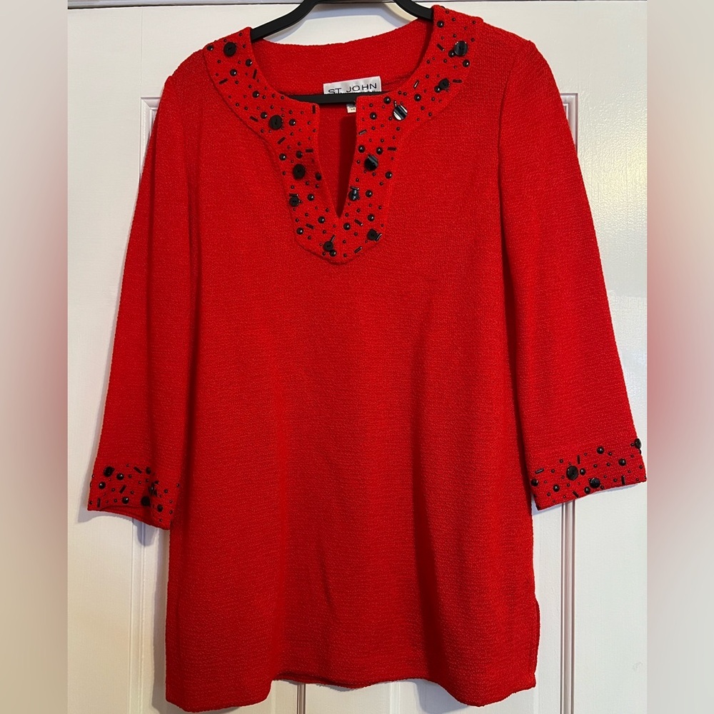 #166 ST. JOHN RED SANTANA KNIT TUNIC TOP BLOUSE WITH BLACK BEADING SIZE SMALL